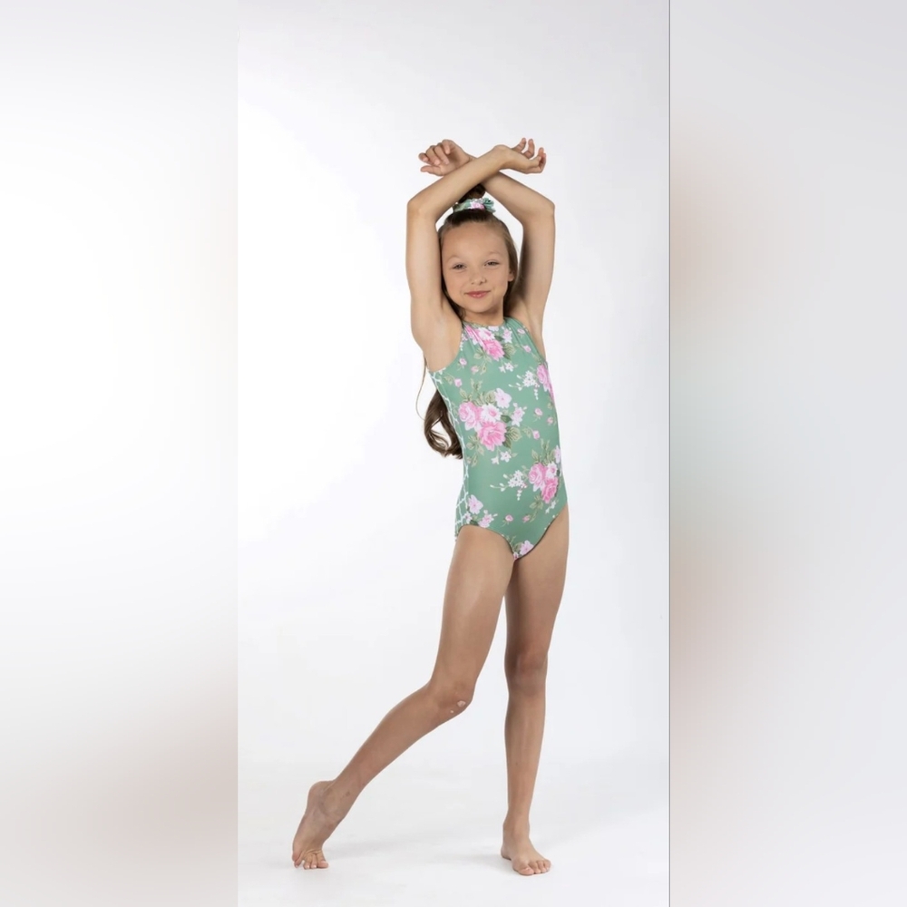 Floral Kids Leptard/swimwear by BYOU- Green and Pink Size 10